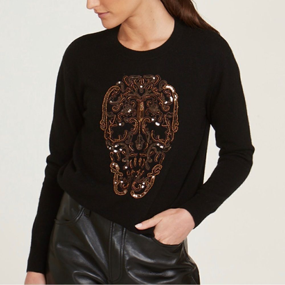 Autumn Cashmere Beaded Skull Crew Sweater Black Multi Medium NWT